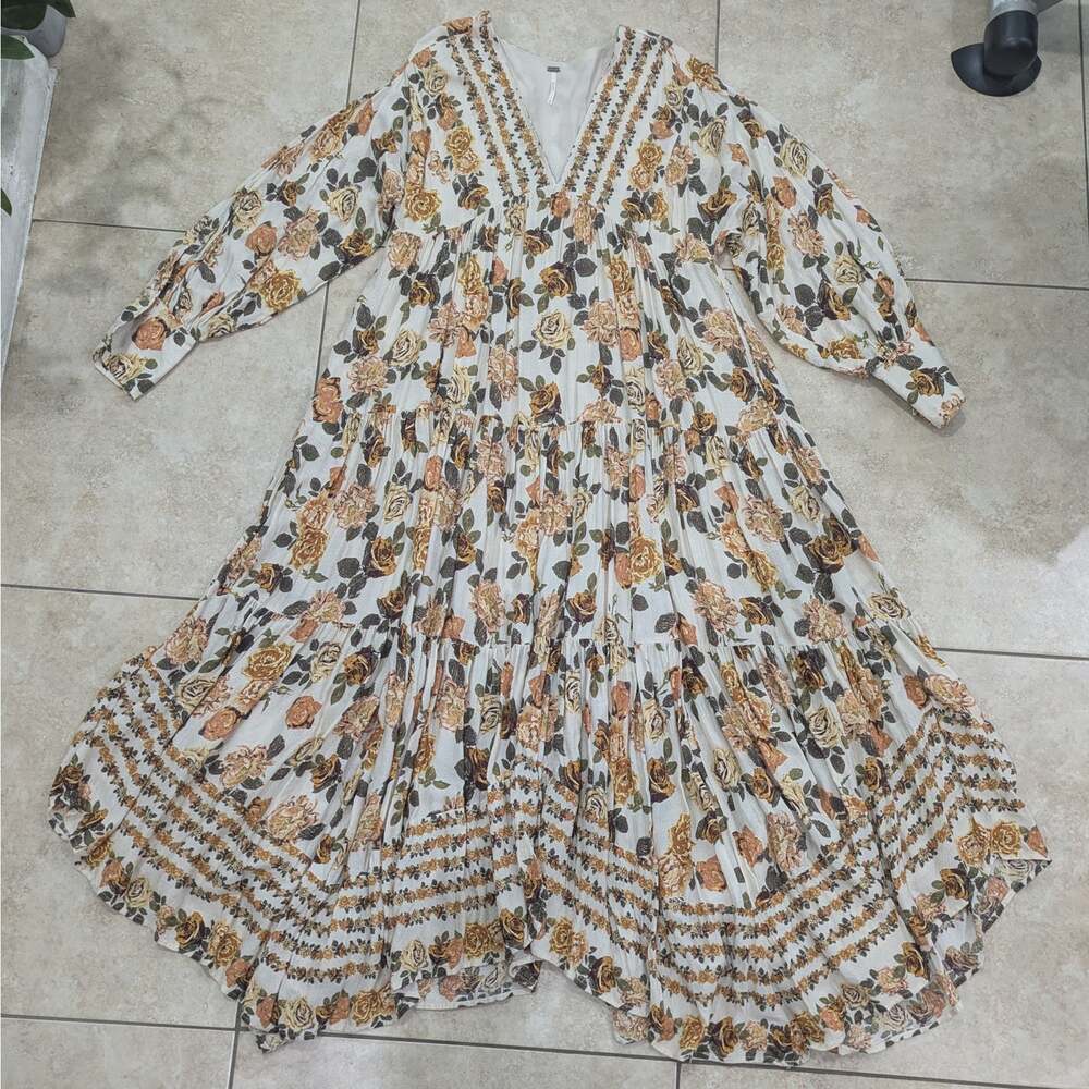 Free People Rows of Roses Maxi Dress in Ivory Combo Size Large Boho Floral Fall - Picture 2 of 7